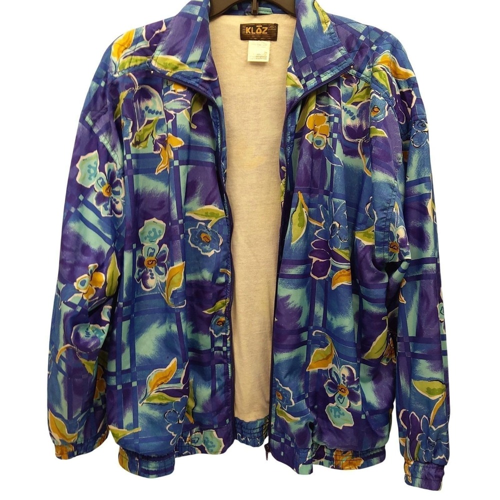 Vtg 80's lg. KLOZ retro abstract floral tropical windbreaker track does not zip